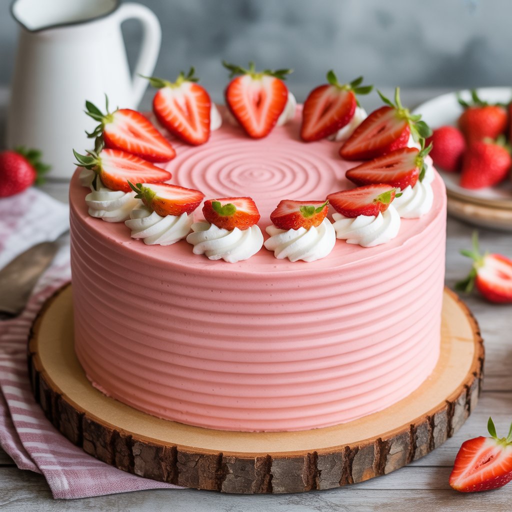 strawberry cake topped with strawberries and pink whipped cream.