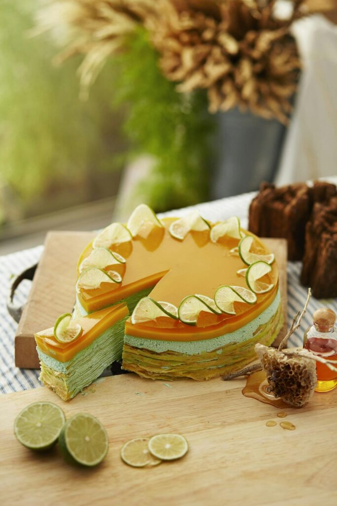 Delicious lime crepe cake with honey, perfect for dessert or special occasions.